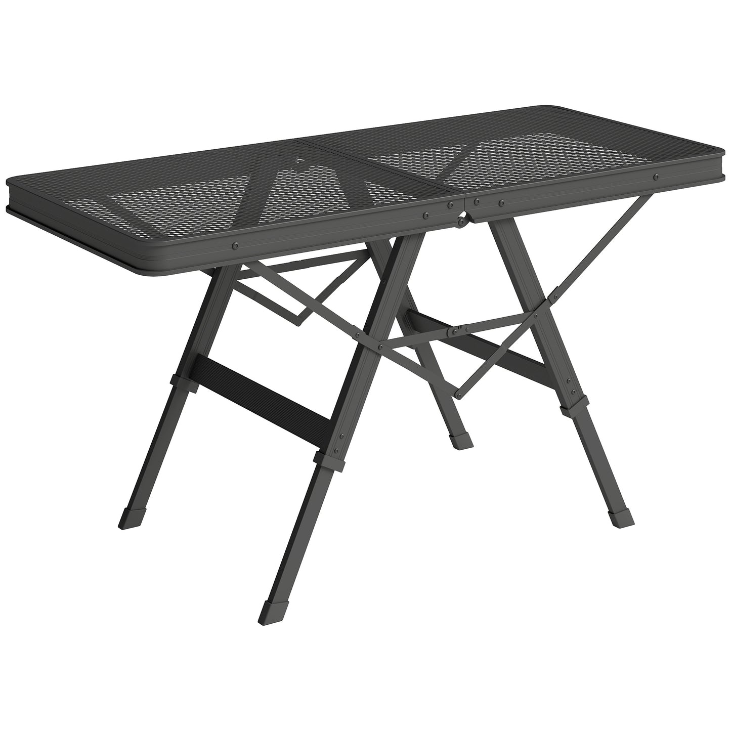 Photo of Outsunny 3 ft Folding Camping Table w/ Adjustable Heights, Portable Lightweight Outdoor Folding Picnic Table with Metal Mesh Desktop & Aluminium Legs for Picnic, Garden, Party, Black in Black colour on a white background