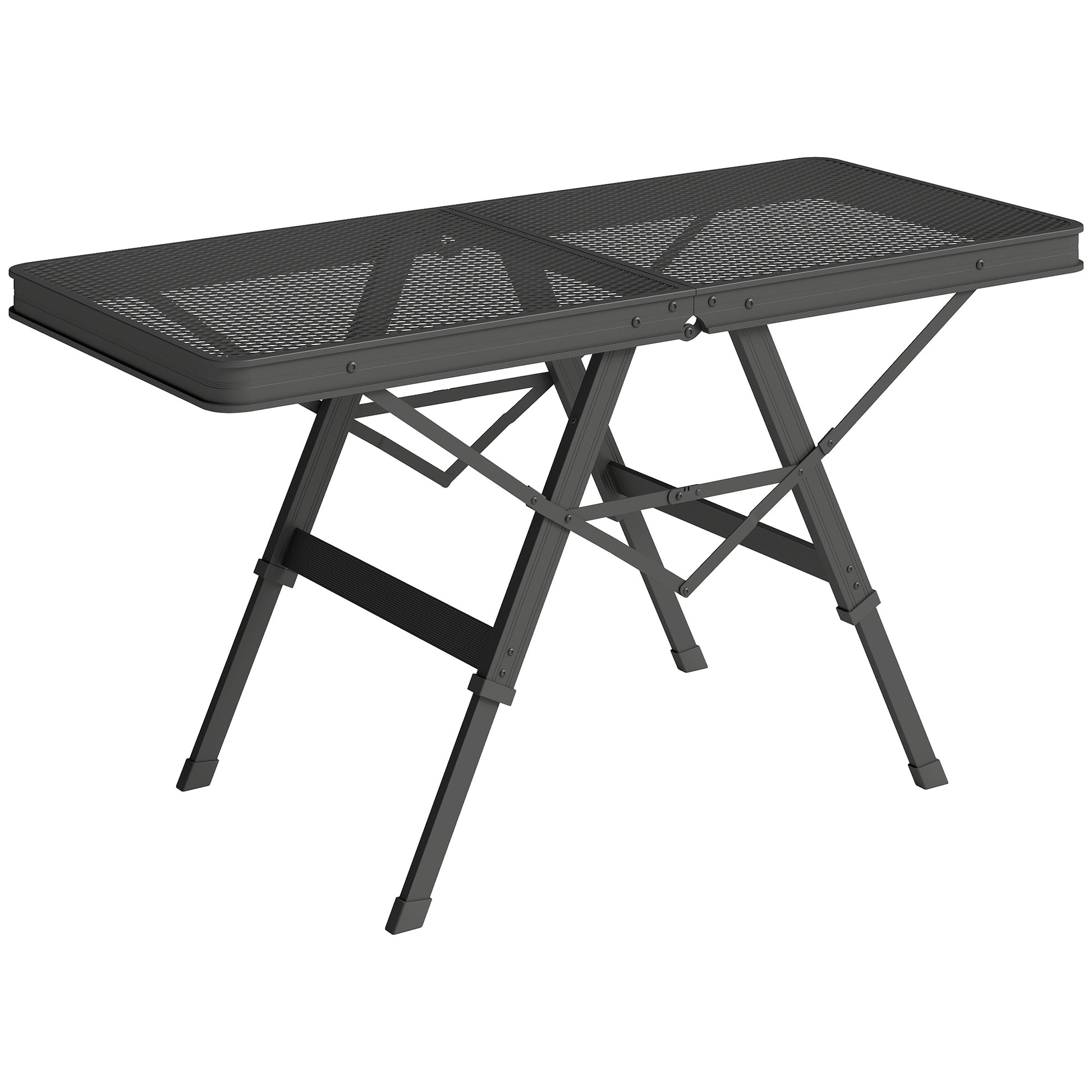 Photo of Outsunny 3 ft Folding Camping Table w/ Adjustable Heights, Portable Lightweight Outdoor Folding Picnic Table with Metal Mesh Desktop & Aluminium Legs for Picnic, Garden, Party, Black in Black colour on a white background