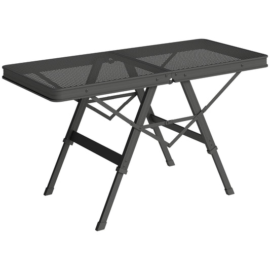 Photo of Outsunny 3 ft Folding Camping Table w/ Adjustable Heights, Portable Lightweight Outdoor Folding Picnic Table with Metal Mesh Desktop & Aluminium Legs for Picnic, Garden, Party, Black in Black colour on a white background