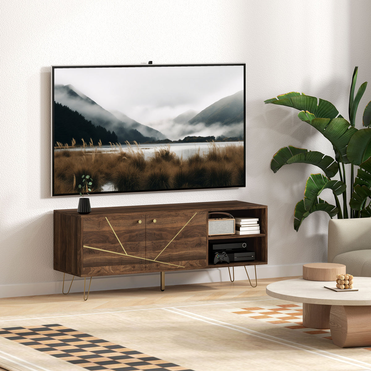 Brown wood TV stand with geometric gold-tone door lines, open shelves and slim metal legs