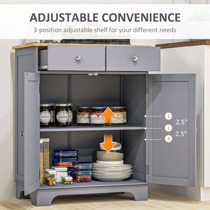 Grey sideboard cabinet with two drawers, open doors, and an adjustable shelf