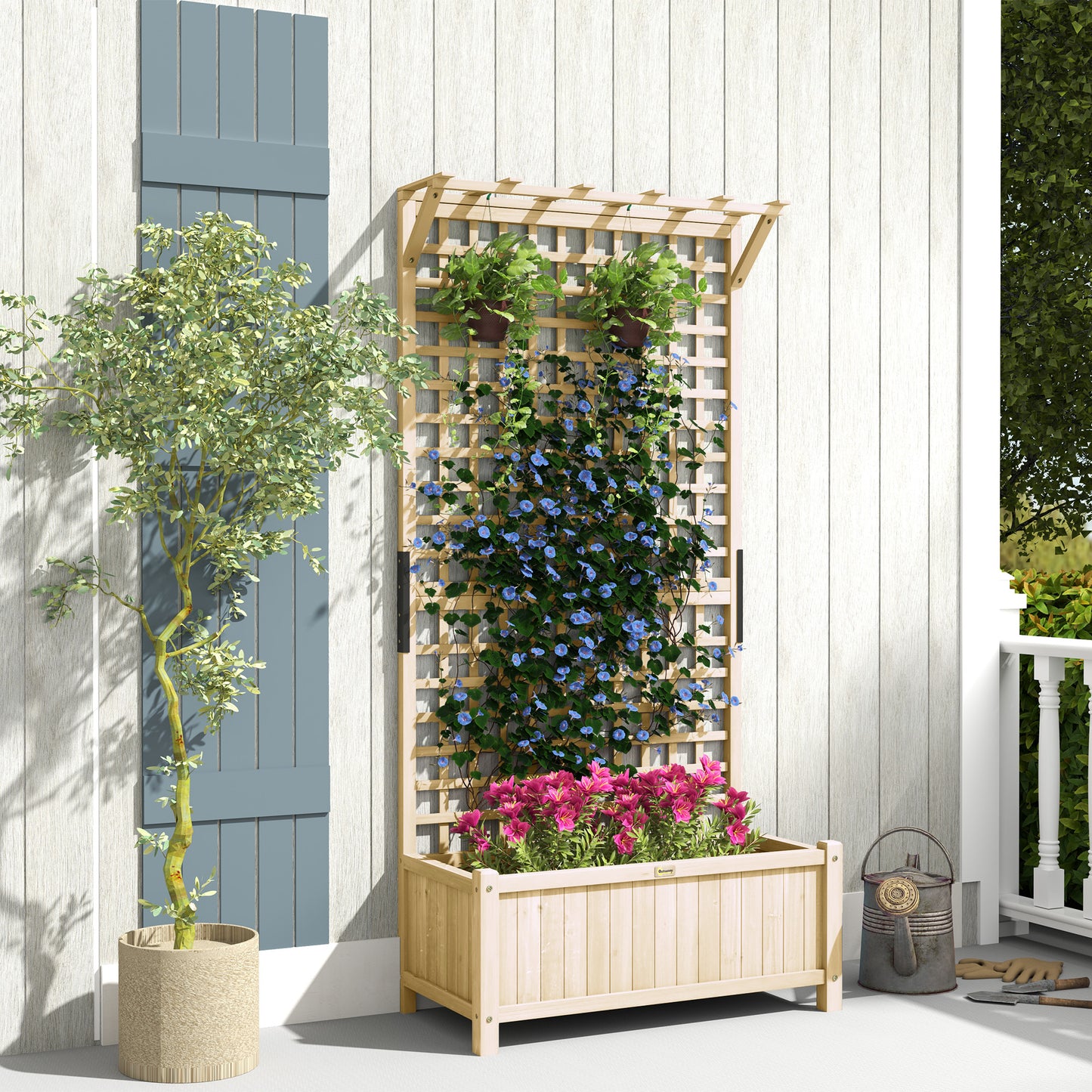 Outsunny Raised Bed & Privacy Screen with Drainage Holes, Wood Planter with Trellis for Climbing Plants to Grow Vegetables, Flowers, Natural