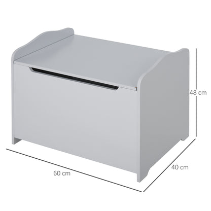 Grey wooden toy storage chest with lift-up lid, safety hinge and 60 x 40 x 48 cm dimensions