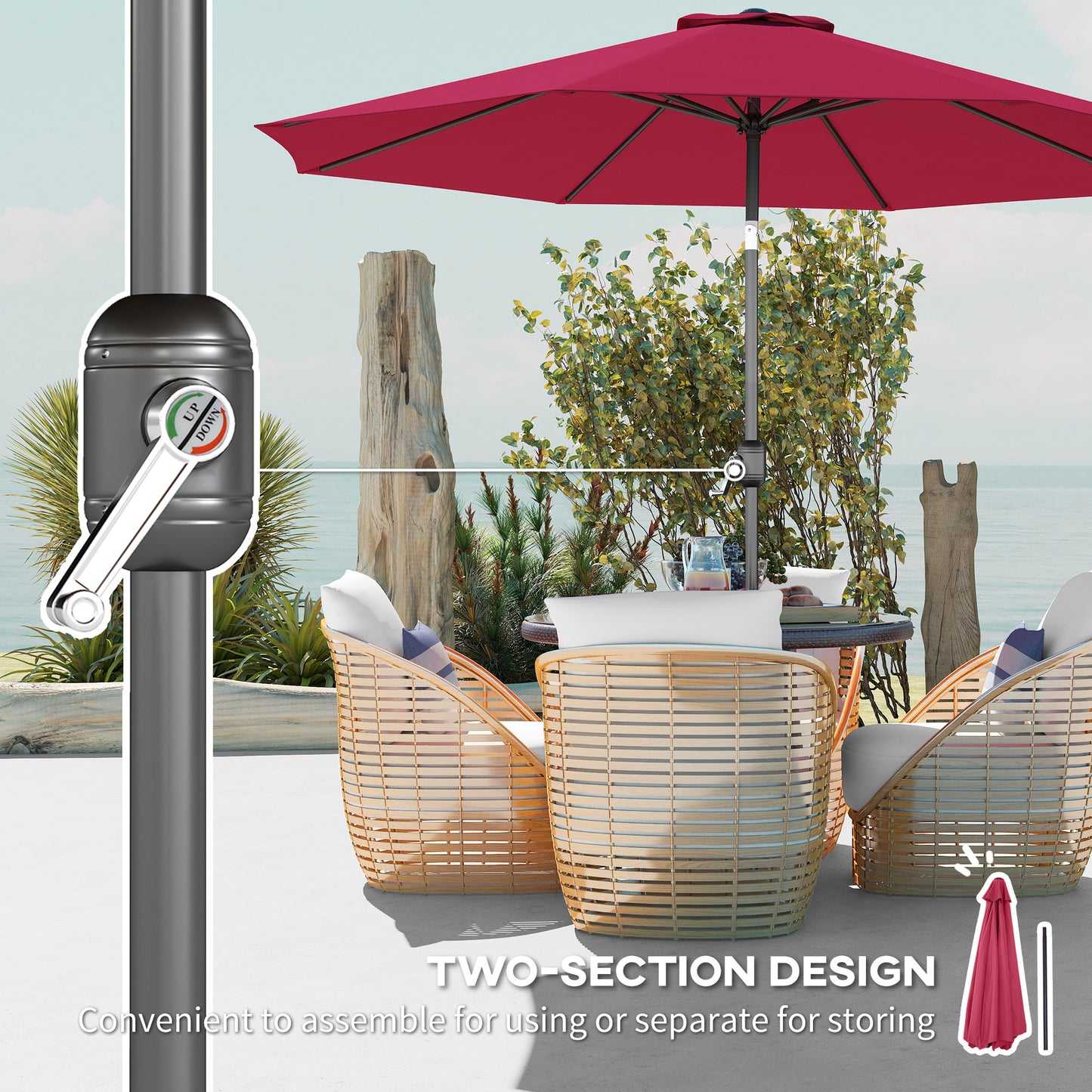 Outsunny 3(m) Tilting Parasol Garden Umbrellas, Outdoor Sun Shade with 8 Ribs, Tilt and Crank Handle for Balcony, Bench, Garden, Wine Red