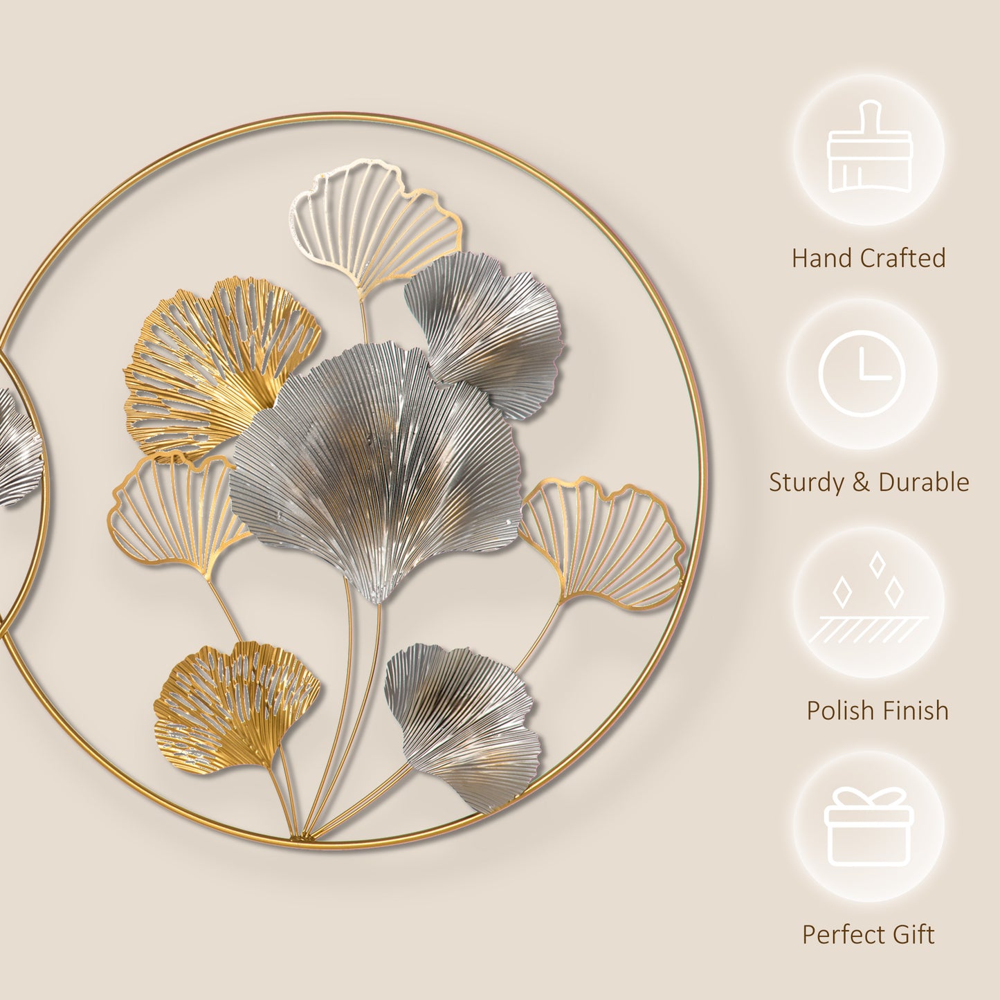 HOMCOM Large Metal Wall Art, Modern Hanging Wall Sculpture with Unique Multi-leaf Design, Horizontal or Vertical Metal Hanging Decoration for Living Room Bedroom Entryway, Gold Silver