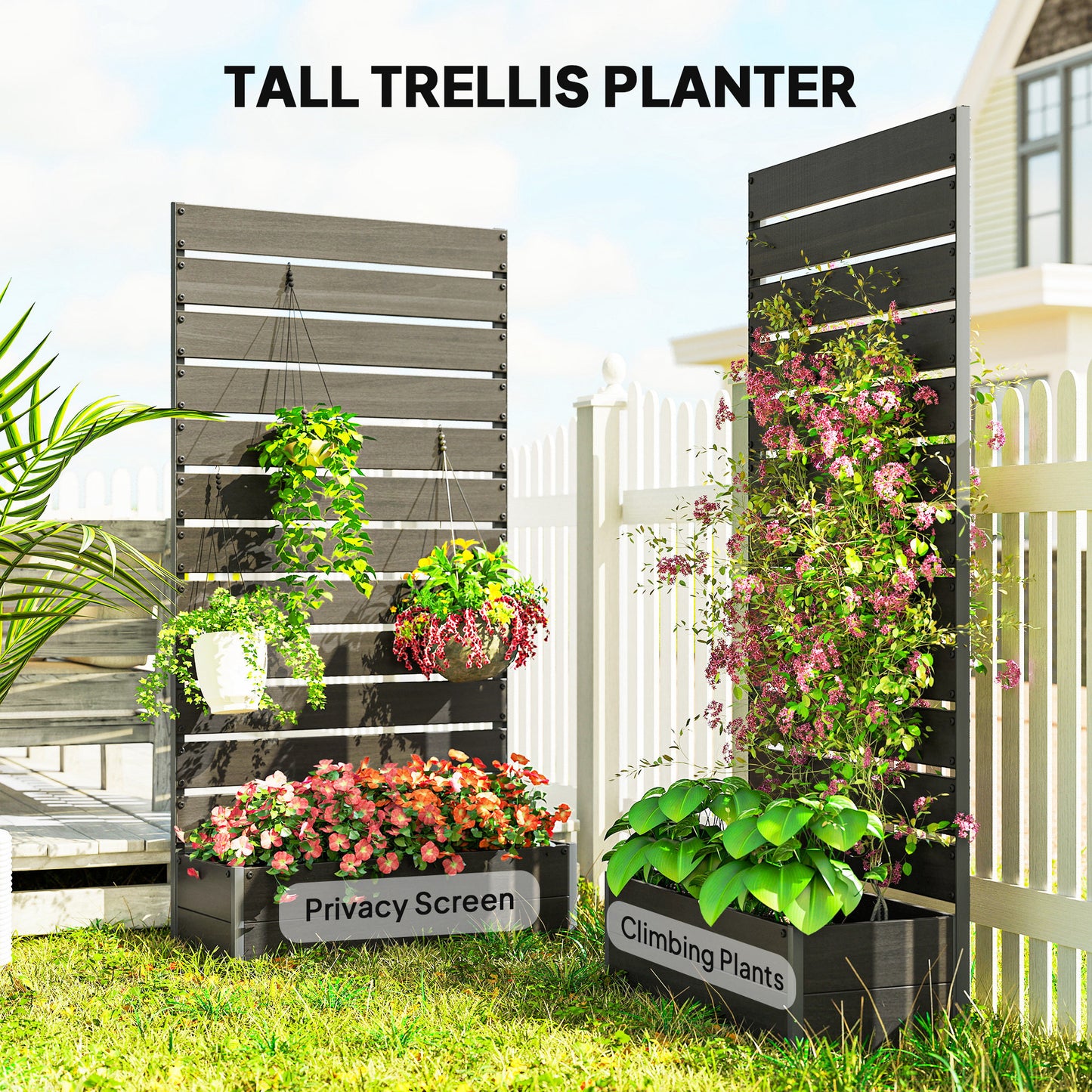 Outsunny Raised Bed for Garden, Planter with Trellis for Climbing Plants, Vines, Planter Box with Drainage Gap, Black