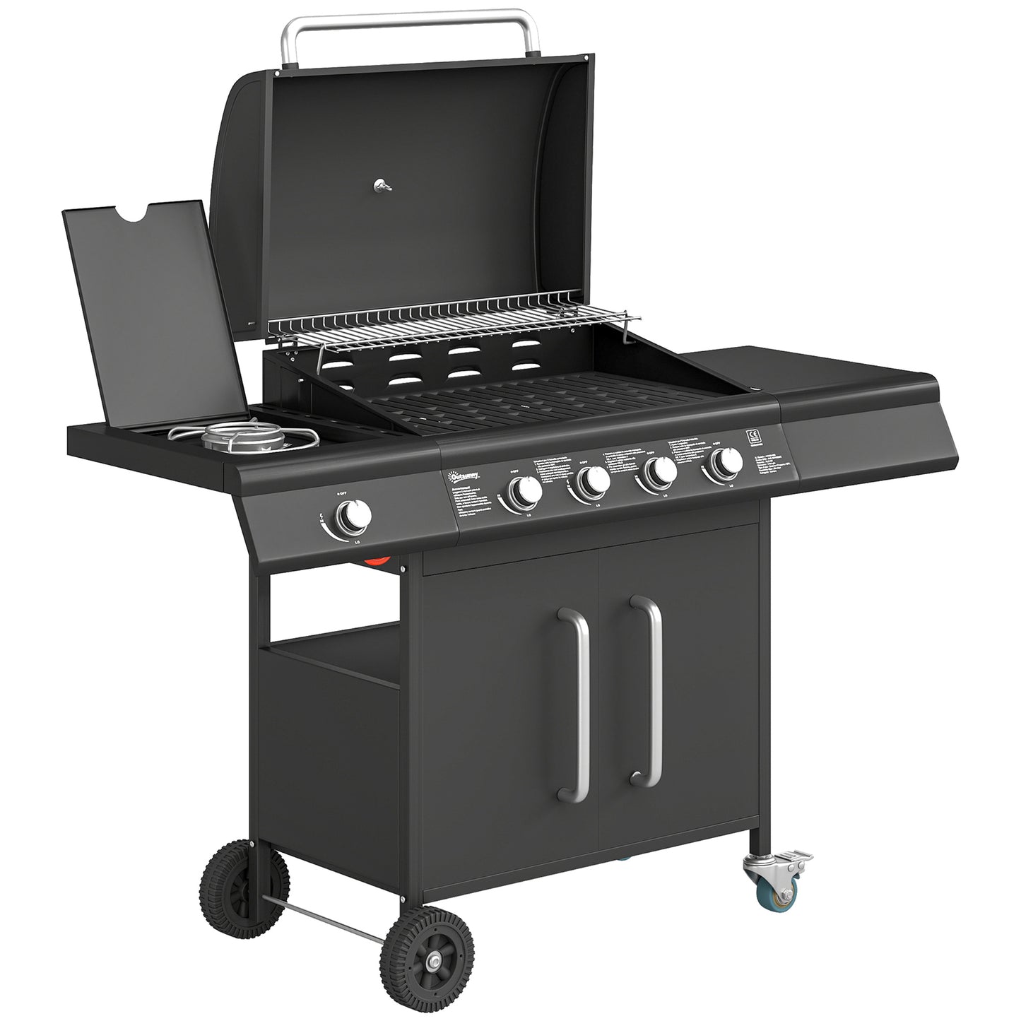 Photo of Outsunny 4+1 Burner Gas BBQ Grill with Storage Cabinet, 15.2 kW Gas Barbecue Trolley with Side Table, 4 Wheels, Warming Rack in Rack colour on a white background