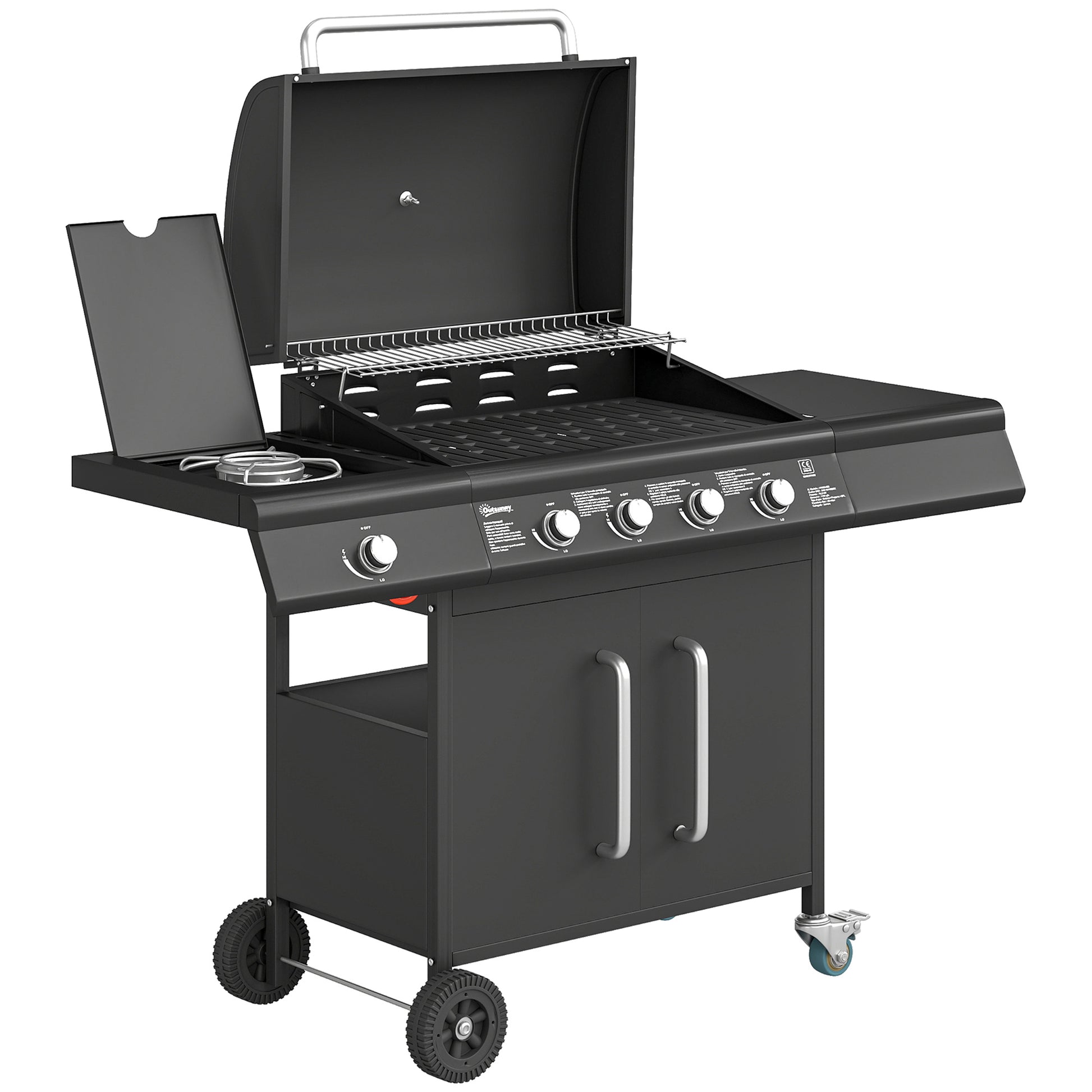 Photo of Outsunny 4+1 Burner Gas BBQ Grill with Storage Cabinet, 15.2 kW Gas Barbecue Trolley with Side Table, 4 Wheels, Warming Rack in Rack colour on a white background
