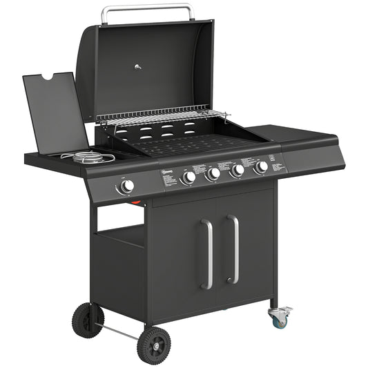 Photo of Outsunny 4+1 Burner Gas BBQ Grill with Storage Cabinet, 15.2 kW Gas Barbecue Trolley with Side Table, 4 Wheels, Warming Rack in Rack colour on a white background