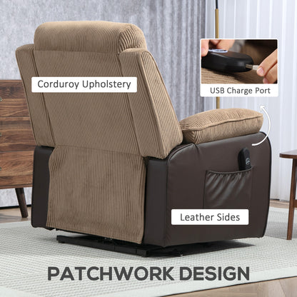 Rear view of corduroy lift recliner with dark leather-look sides and USB charging port