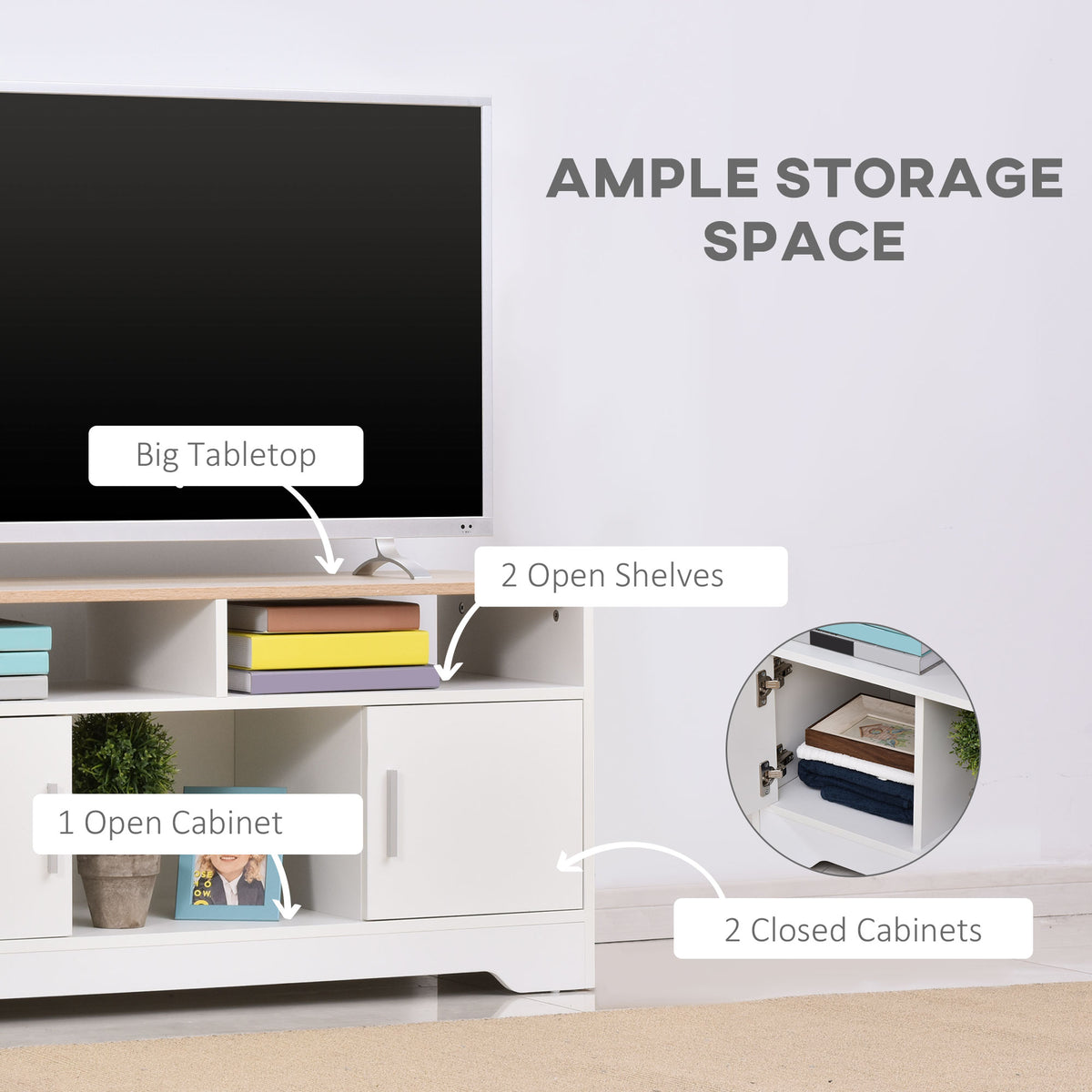 White TV stand with wood-look top, open shelves, one open compartment, and two closed cabinets.