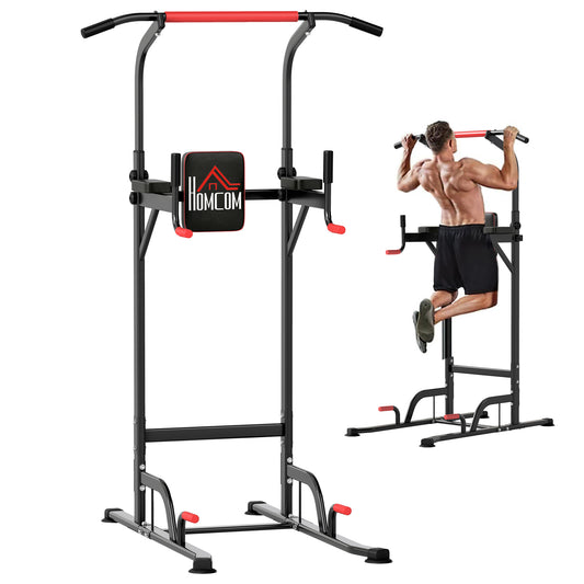 HOMCOM power tower with pull-up bar, dip handles, back pad and red accents; user doing a pull-up