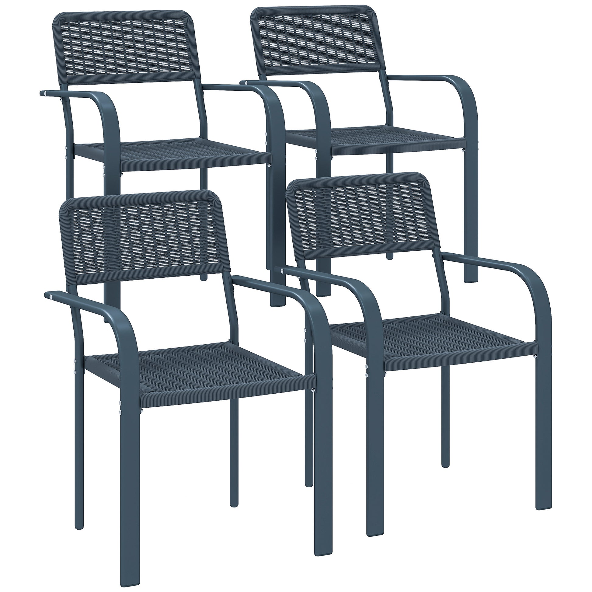 Photo of Outsunny Garden Chairs Set of 4, Stackable Rattan Effect Dining Chairs with Armrest, Weather Resistant and Lightweight Outdoor Furniture Armchairs for Patio, Balcony, Terrace, Dark Grey in Grey colour on a white background