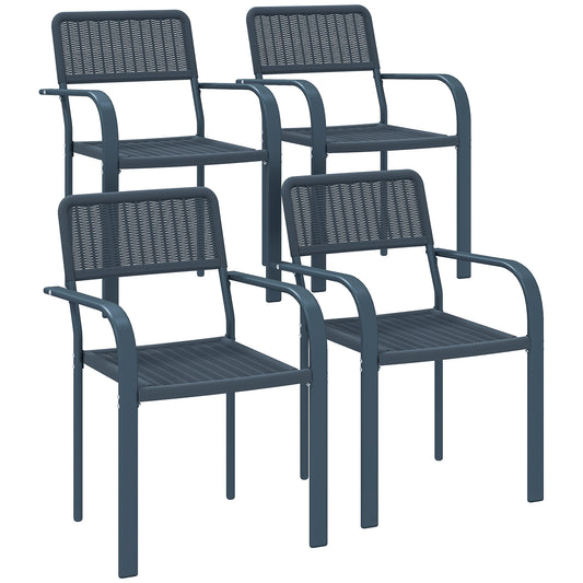 Photo of Outsunny Garden Chairs Set of 4, Stackable Rattan Effect Dining Chairs with Armrest, Weather Resistant and Lightweight Outdoor Furniture Armchairs for Patio, Balcony, Terrace, Dark Grey in Grey colour on a white background