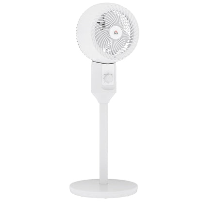 White HOMCOM pedestal fan with round grille, control dial, slim stand, and circular base