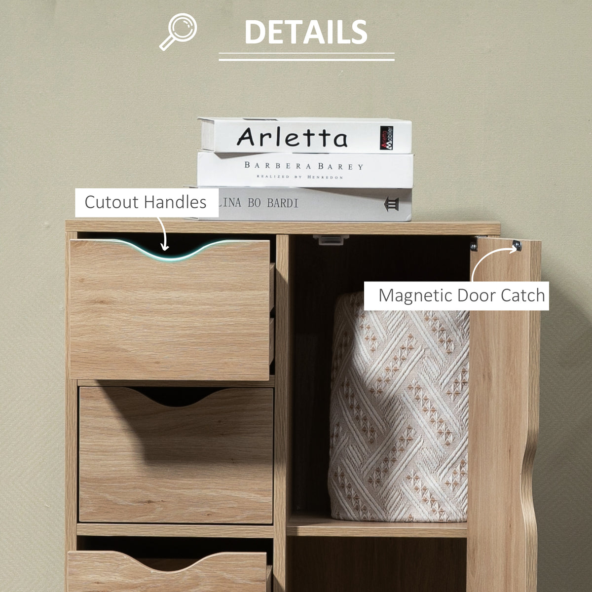 Cabinet detail showing cutout drawer handles and an open door with a magnetic catch