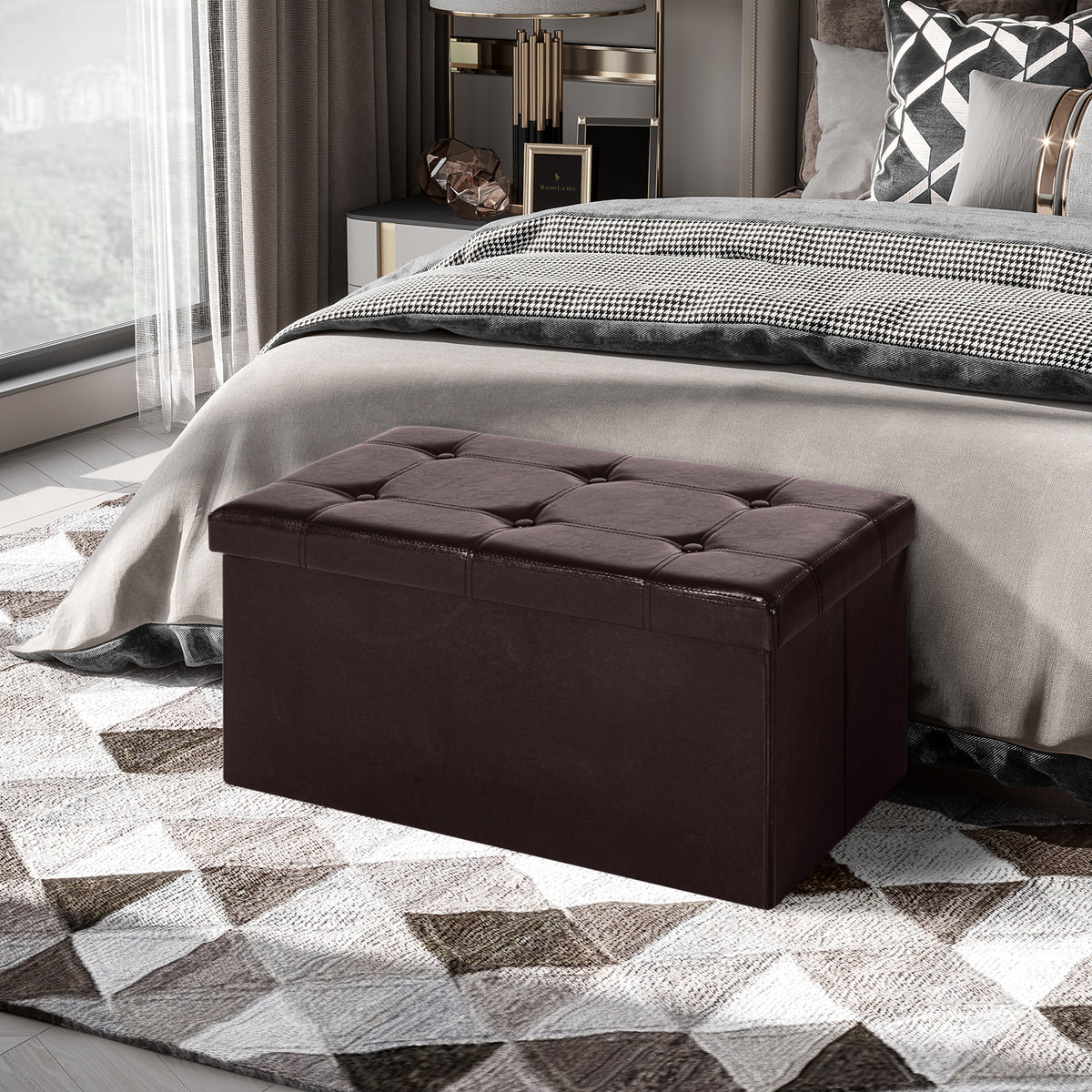 HOMCOM Folding Faux Leather Storage Cube Ottoman Bench Seat PU Rectangular Footrest Stool Box (Brown)