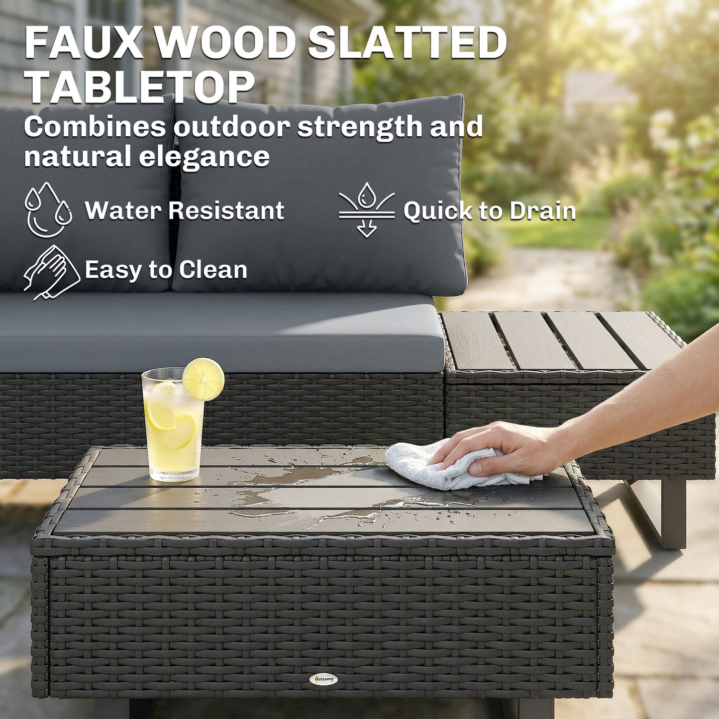 Outsunny 5 Seater Rattan Garden Furniture Set, L Shaped Garden Corner Sofa, Adjustable Back, Faux Wood Table, Dark Grey