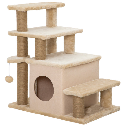 Photo of PawHut Adjustable Cat Steps, with House & Hanging Toy Ball - Beige in Beige colour on a white background