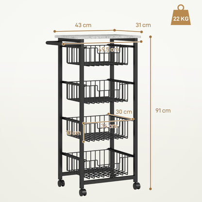 HOMCOM kitchen island with four baskets and casters, shown with dimensions and weight limits