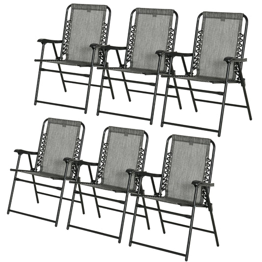 Photo of Outsunny Set of 6 Patio Folding Chair Set, Garden Portable Outdoor Chairs with Armrest and Breathable Mesh Fabric Seat and Backrest, for Camping, Beach, Deck, Lawn, Grey in Grey colour on a white background