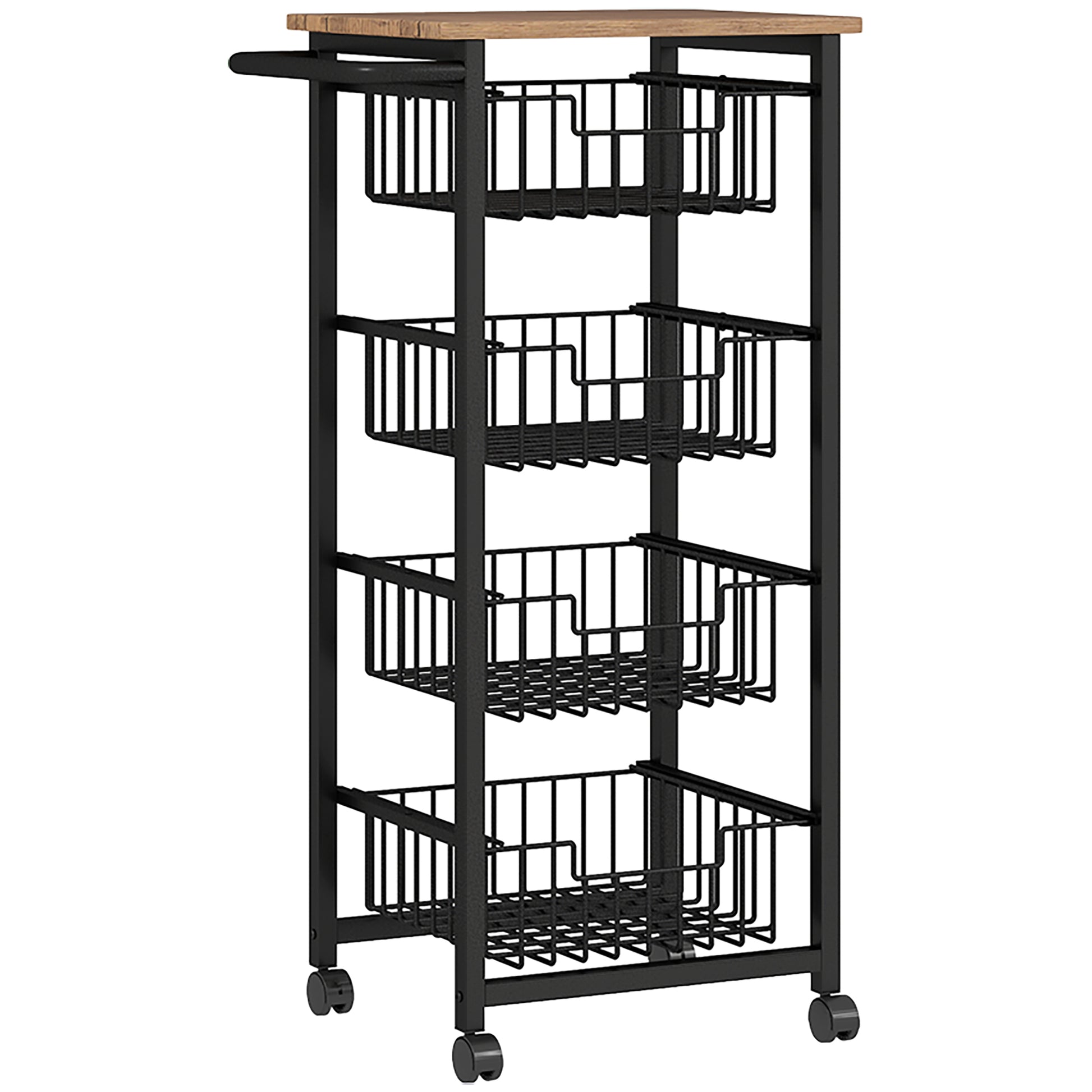 Photo of HOMCOM Four Basket Mobile Kitchen Island, with Brakes - Oak/Black in Oak/Black colour on a white background