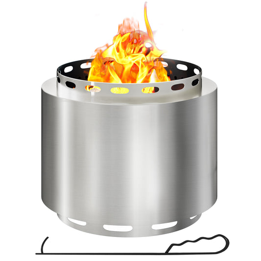 Photo of Outsunny Smokeless Fire Pit, 48.5cm Portable Wood Burning Firepit with Poker for Garden Camping Bonfire Party, Stainless Steel, Silver in Silver colour on a white background