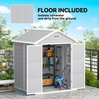 Garden shed with included floor panels, open double doors and storage shelves