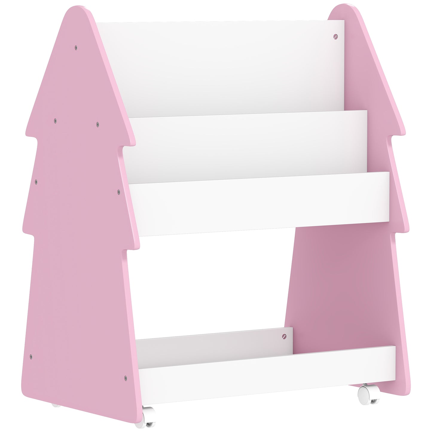 Photo of AIYAPLAY Kids Bookshelf with Toy Storage, Double-Sided Bookcase with Wheels, 3 Tier Kids Book Rack for Bedroom, Pink in Pink colour on a white background