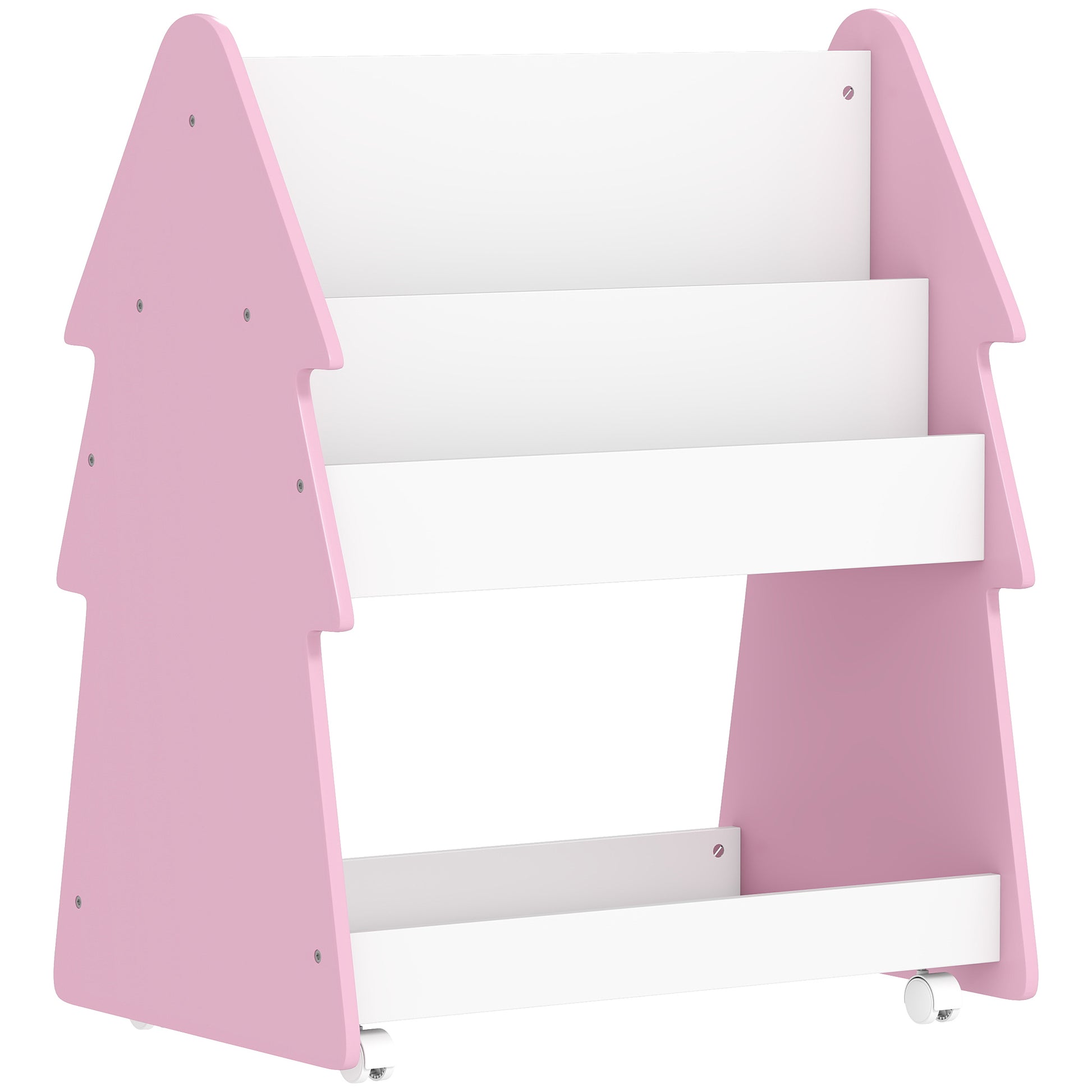 Photo of AIYAPLAY Kids Bookshelf with Toy Storage, Double-Sided Bookcase with Wheels, 3 Tier Kids Book Rack for Bedroom, Pink in Pink colour on a white background