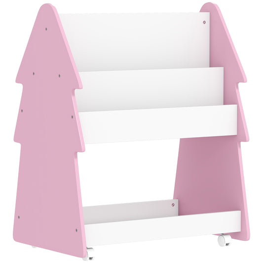 Photo of AIYAPLAY Kids Bookshelf with Toy Storage, Double-Sided Bookcase with Wheels, 3 Tier Kids Book Rack for Bedroom, Pink in Pink colour on a white background