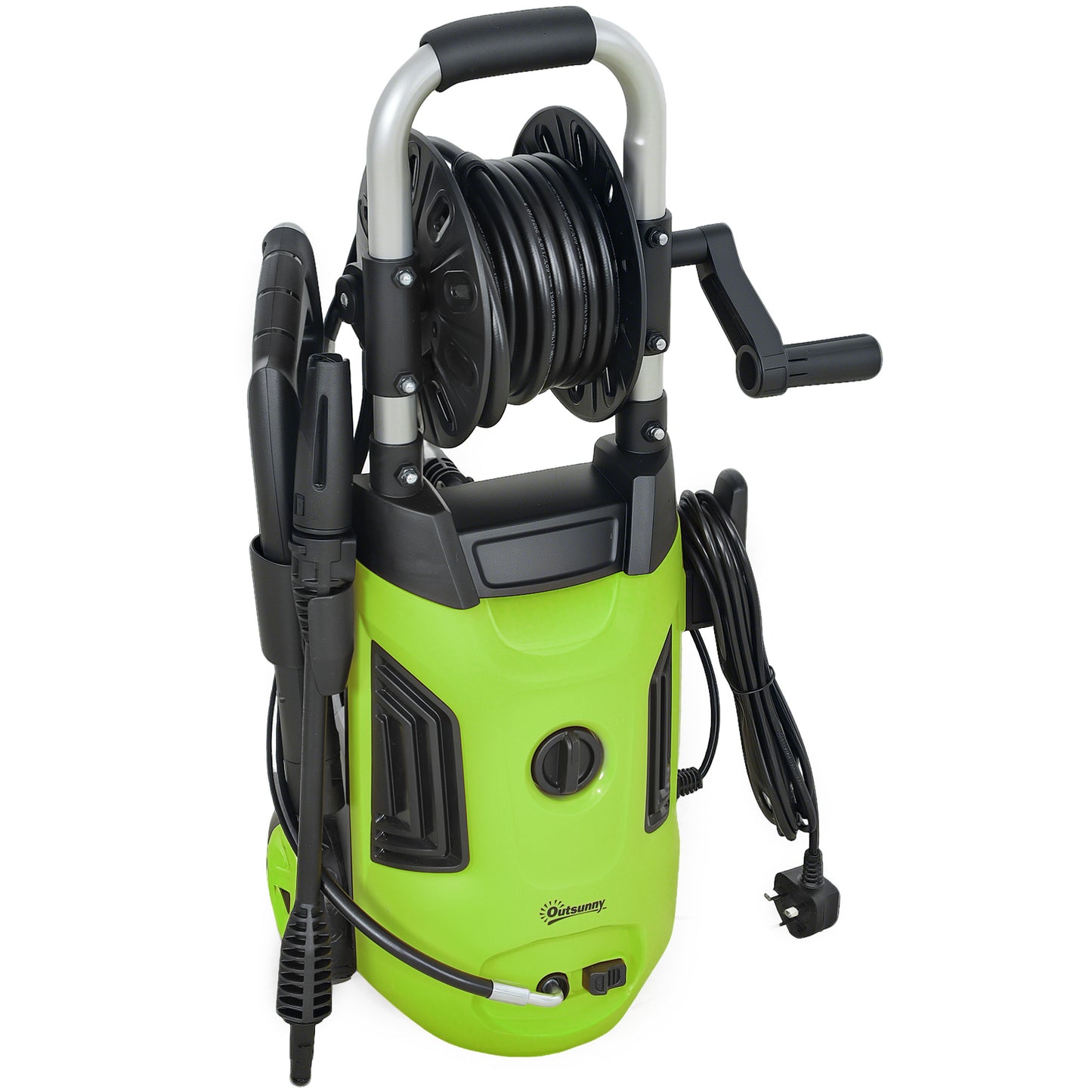 Photo of Outsunny 1800W High Pressure Washer, 150 Bar Pressure, 420 L/h Flow, Portable Power Washer Jet Wash Cleaner with Adjustable Nozzle, 6M Hose, Hose Reel, Steel Handle for Home Patio Car Driveway, Green in Green colour on a white background