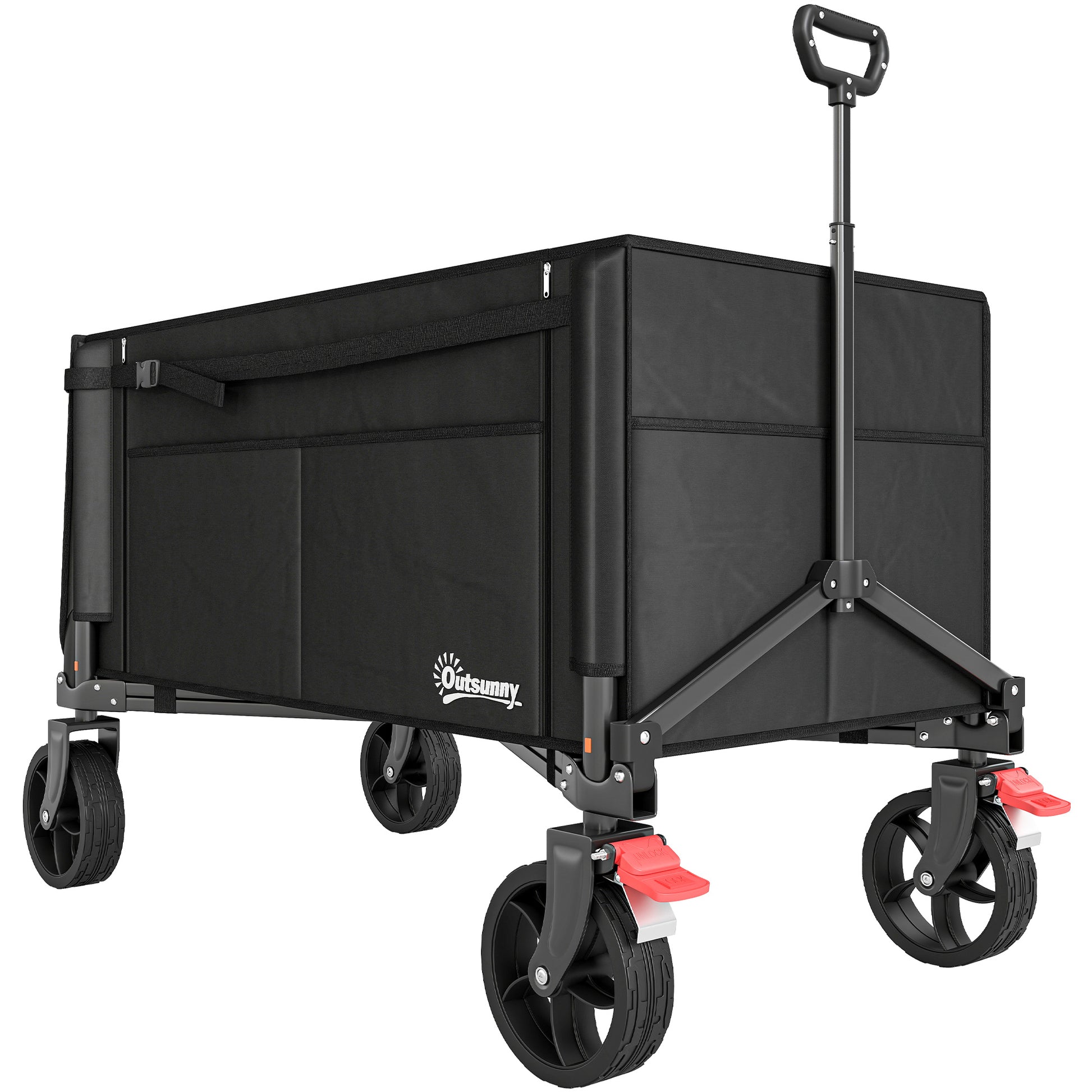 Photo of Outsunny Festival Trolley on Wheels, 150L Folding Camping Trolley Cart with Openable Sides, Adjustable Handle and Brakes for Shopping Beach Garden Fishing, Black in Black colour on a white background