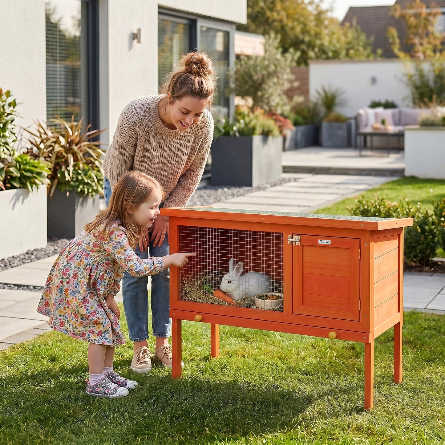 PawHut Wooden Rabbit Hutch, Guinea Pig Hutch with Asphalt Roof, Outdoor Elevated Bunny House for Rabbits, Chinchillas