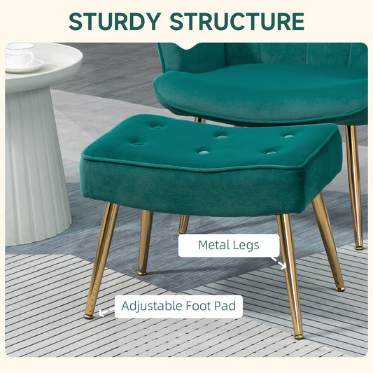Dark green velvet footstool with button tufting and gold-tone metal legs