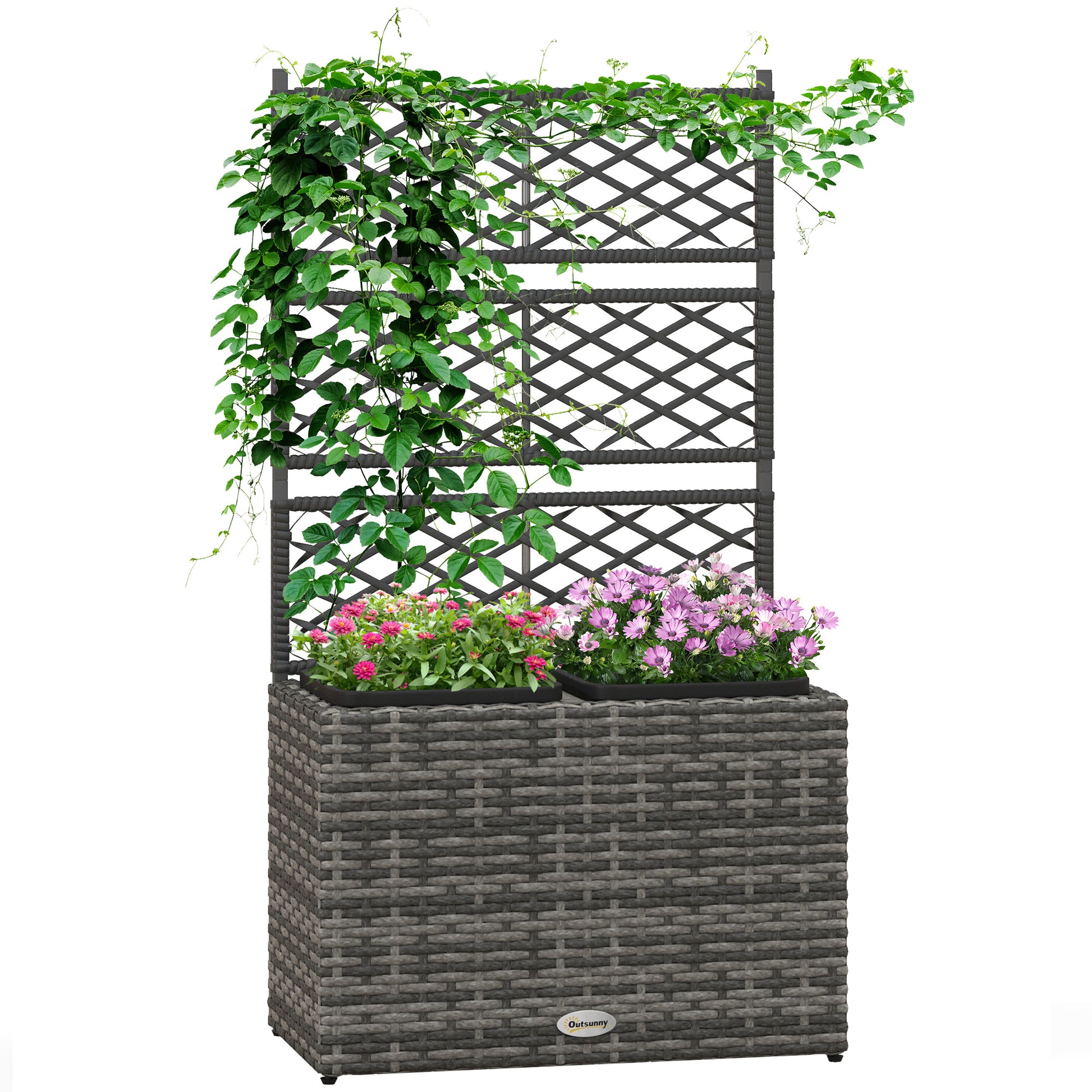 Photo of Outsunny 22 L Rattan Planter with Trellis, Freestanding Raised Beds for Garden with Two Plant Boxes, Outdoor Planter for Climbing Plants, Flowers, 57 x 30 x 107 cm, Mixed Grey in Grey colour on a white background