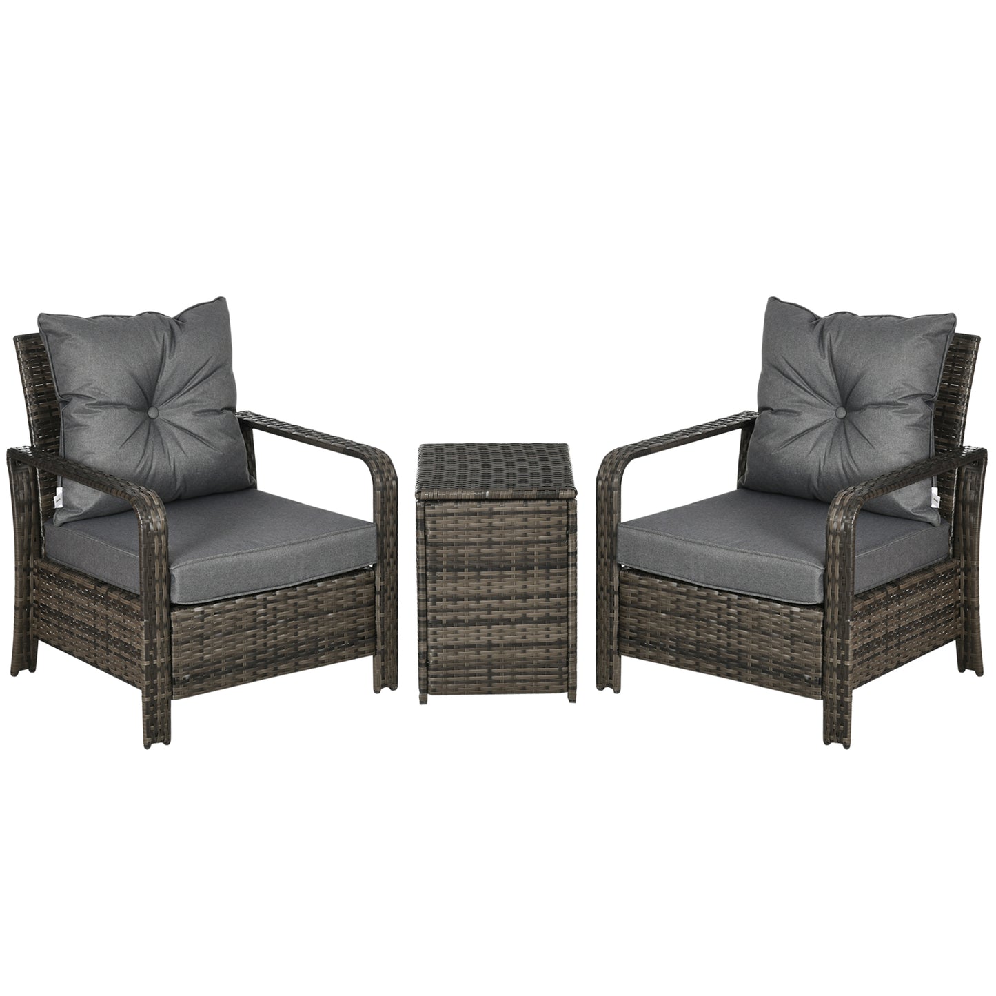 Photo of Outsunny 3 Pieces Rattan Bistro Set, Wicker Garden Furniture Set with Storage Coffee Table and Chairs, Thickened Cushions for Outdoor, Patio, Balcony, Grey in Grey colour on a white background