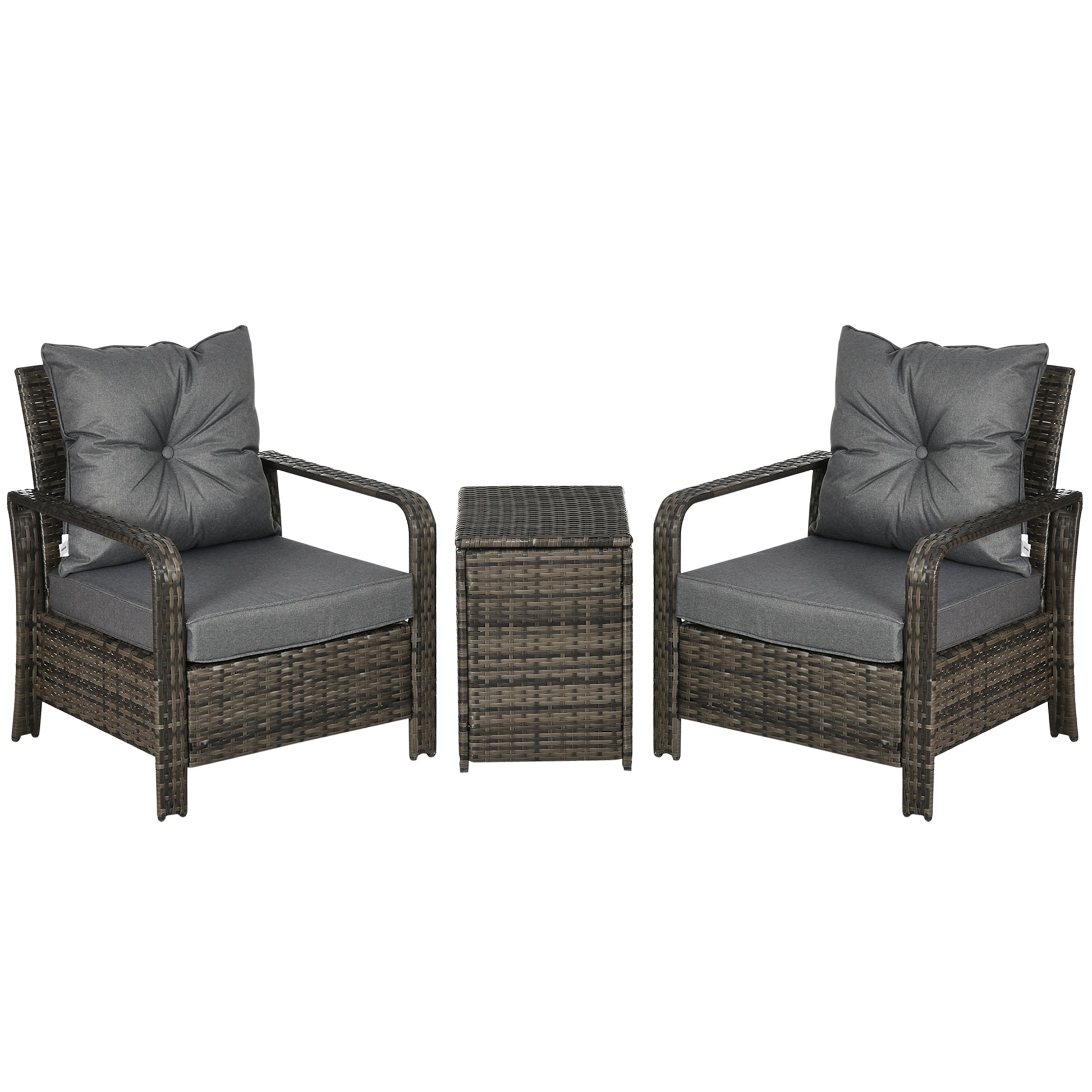 Photo of Outsunny 3 Pieces Rattan Bistro Set, Wicker Garden Furniture Set with Storage Coffee Table and Chairs, Thickened Cushions for Outdoor, Patio, Balcony, Grey in Grey colour on a white background