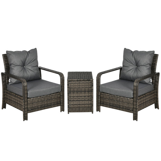 Photo of Outsunny 3 Pieces Rattan Bistro Set, Wicker Garden Furniture Set with Storage Coffee Table and Chairs, Thickened Cushions for Outdoor, Patio, Balcony, Grey in Grey colour on a white background