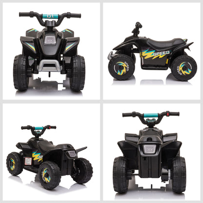 Black electric ride-on car shown from front, side and rear angles