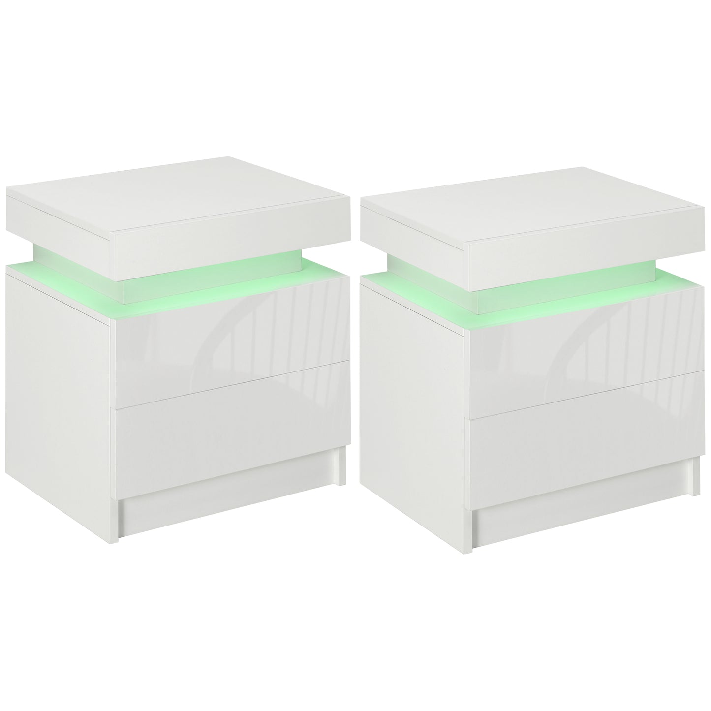 Photo of HOMCOM Set of 2 White Bedside Tables with LED Lights, High Gloss Front Nightstands with 4 Drawers in Drawers colour on a white background
