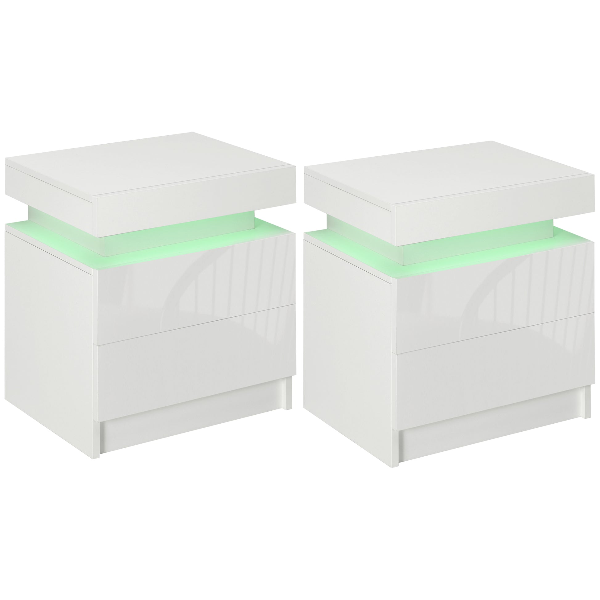 Photo of HOMCOM Set of 2 White Bedside Tables with LED Lights, High Gloss Front Nightstands with 4 Drawers in Drawers colour on a white background