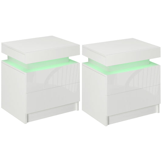 Photo of HOMCOM Set of 2 White Bedside Tables with LED Lights, High Gloss Front Nightstands with 4 Drawers in Drawers colour on a white background