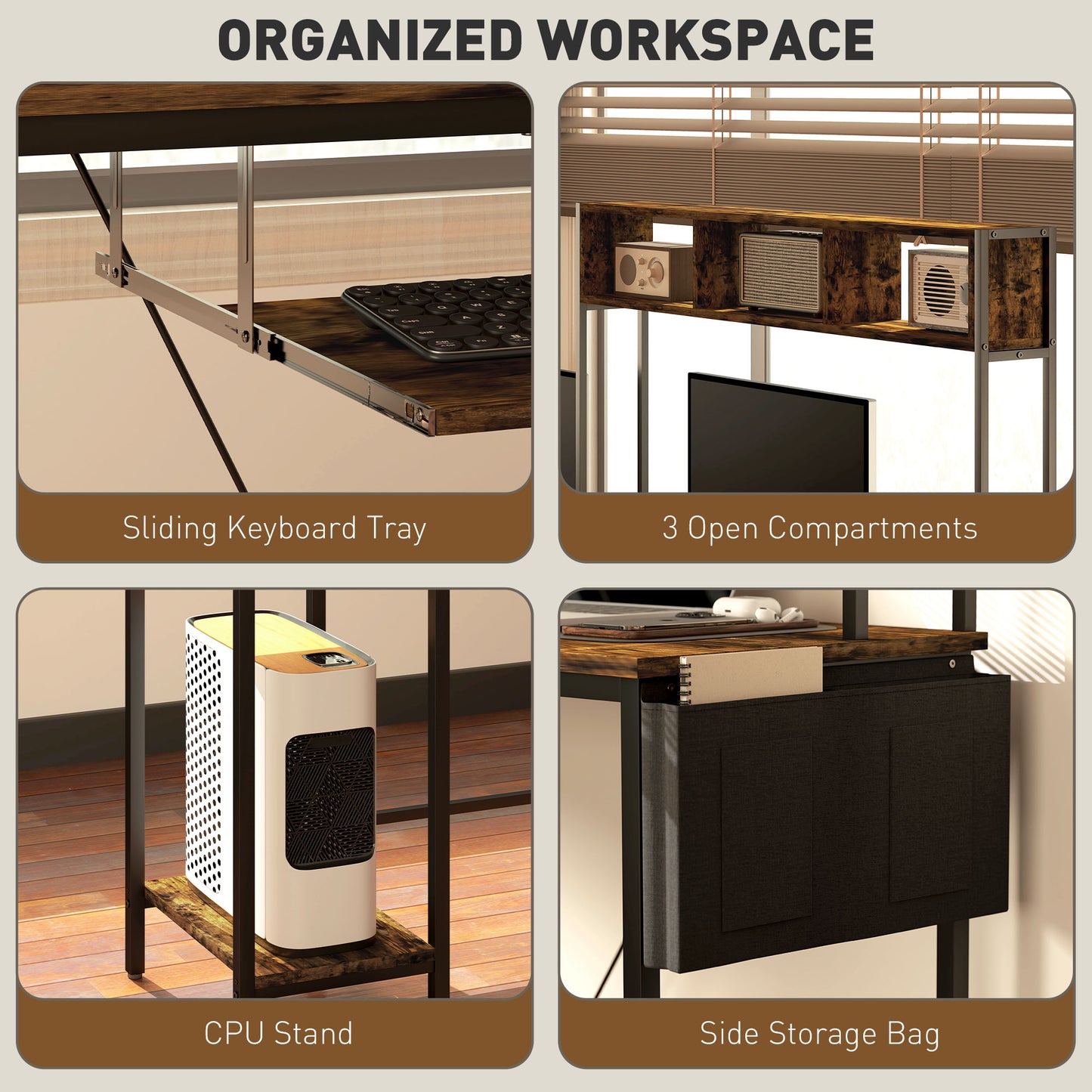 HOMCOM 160cm Reversible L Shaped Desk with Power Outlet, Industrial Corner Desk with Keyboard Tray, Rustic Brown