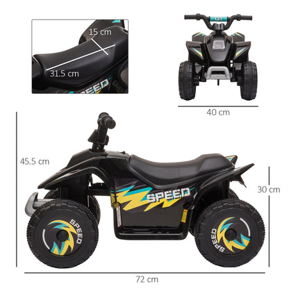 Black kids' electric ride-on car shown with dimensions and close-up of the seat