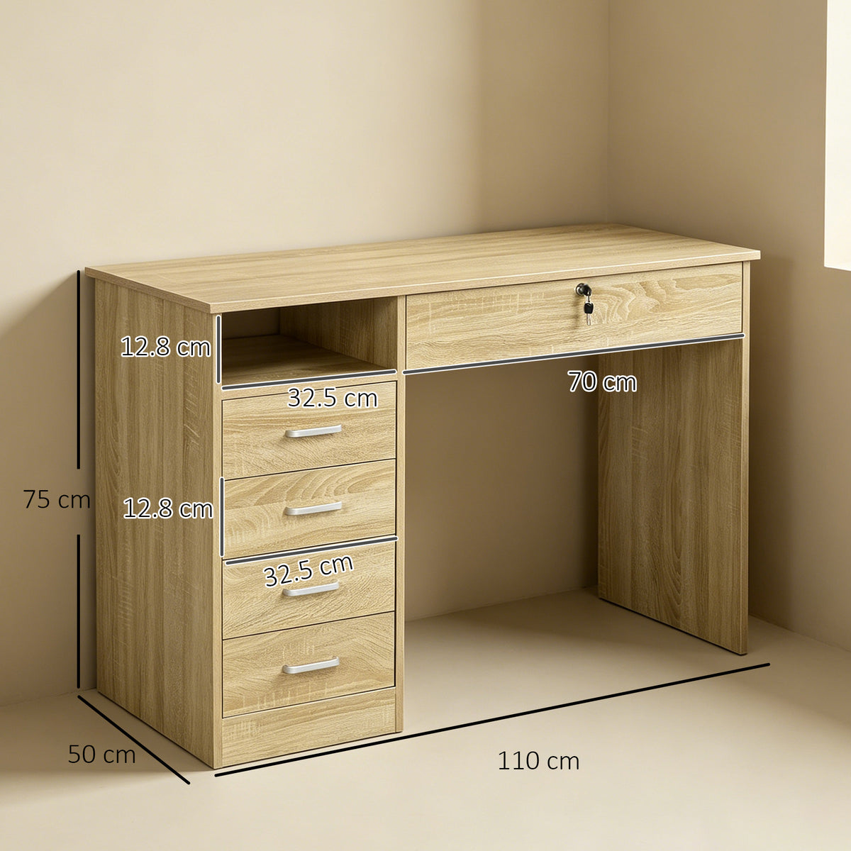 Oak computer desk with five drawers, shelf, and labeled dimensions