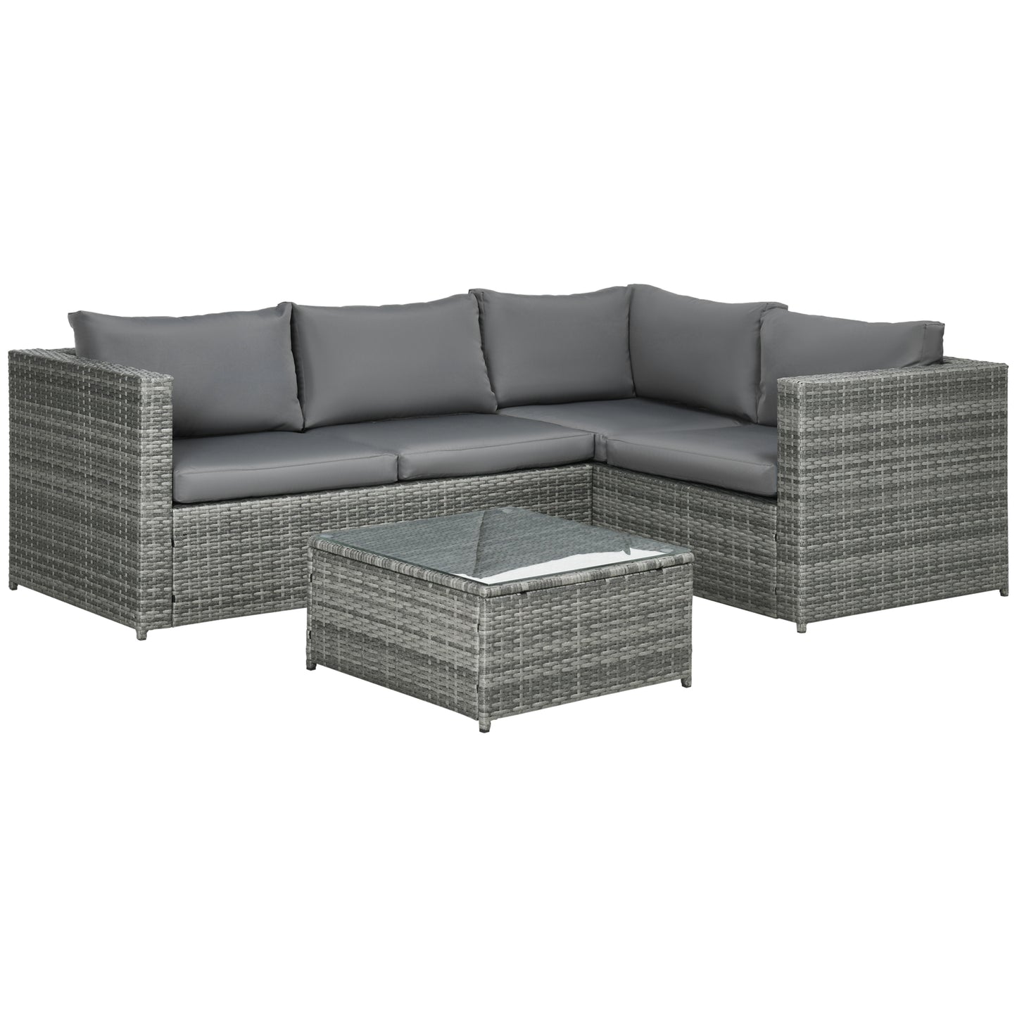 Photo of Outsunny 3 Pieces PE Rattan Garden Furniture Set with 10 cm Thick Cushions, 4 Seater Garden Corner Sofa Set with Glass Top Coffee Table, Outdoor Furniture for Patio, Porch, Grey in Grey colour on a white background