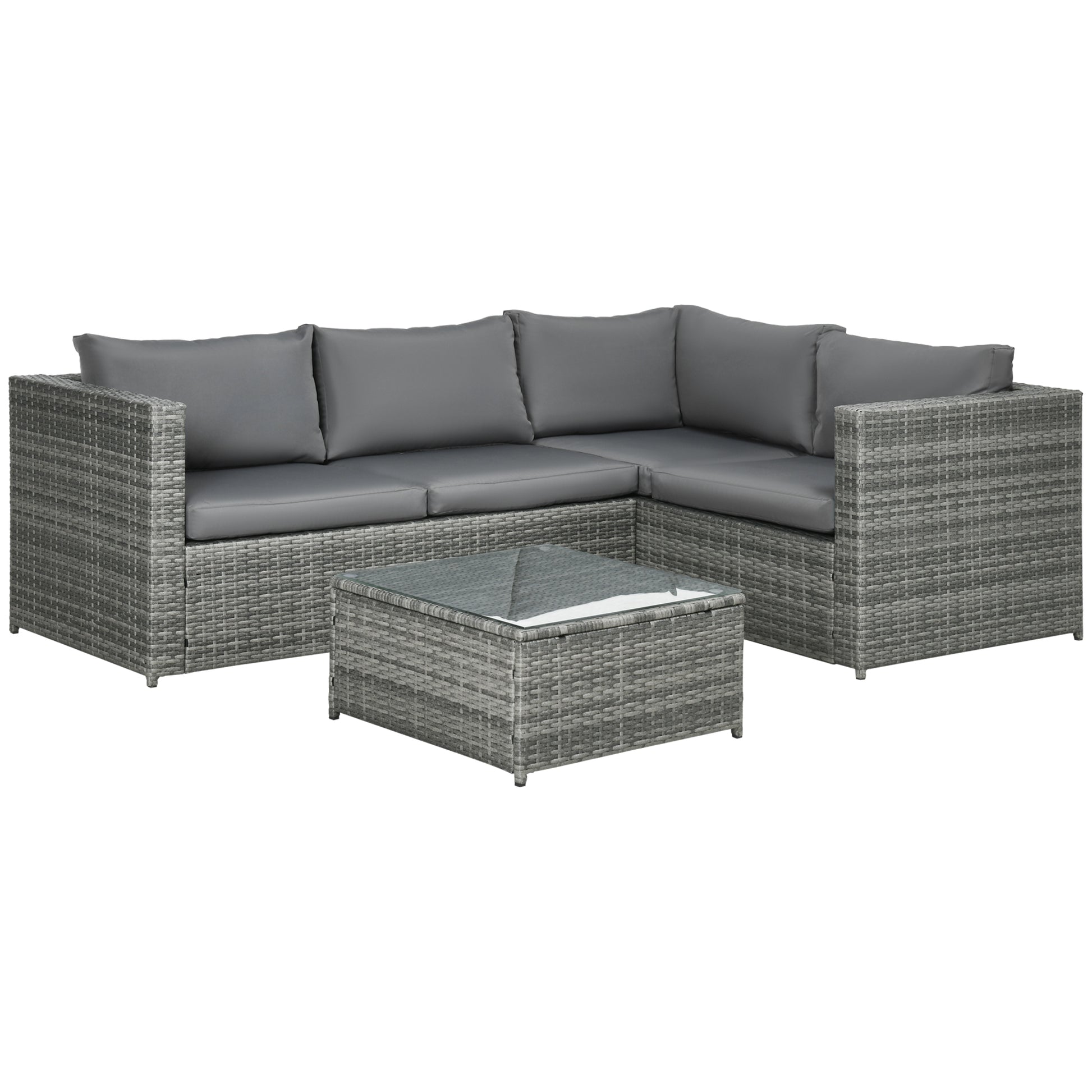 Photo of Outsunny 3 Pieces PE Rattan Garden Furniture Set with 10 cm Thick Cushions, 4 Seater Garden Corner Sofa Set with Glass Top Coffee Table, Outdoor Furniture for Patio, Porch, Grey in Grey colour on a white background