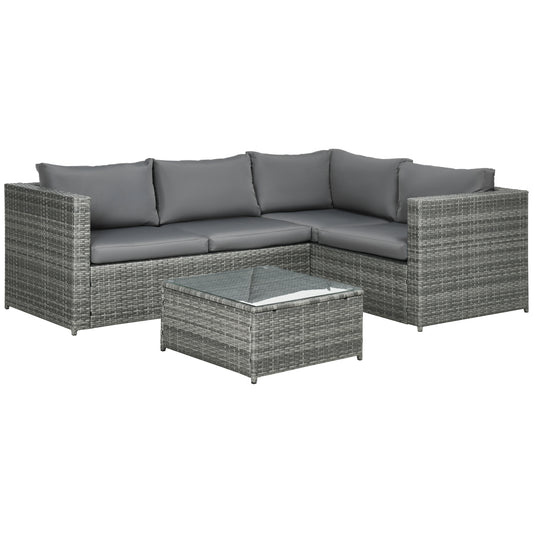 Photo of Outsunny 3 Pieces PE Rattan Garden Furniture Set with 10 cm Thick Cushions, 4 Seater Garden Corner Sofa Set with Glass Top Coffee Table, Outdoor Furniture for Patio, Porch, Grey in Grey colour on a white background