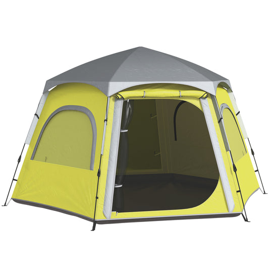 Photo of Outsunny Instant Pop Up Camping Tent, 2/3/4 Person Easy Setup Dome Family Tent with Vestibule, Rainfly, 4 Mesh Windows & 2 Doors, Hexagonal Design, Waterproof & UV Protected, Yellow Green in Green colour on a white background